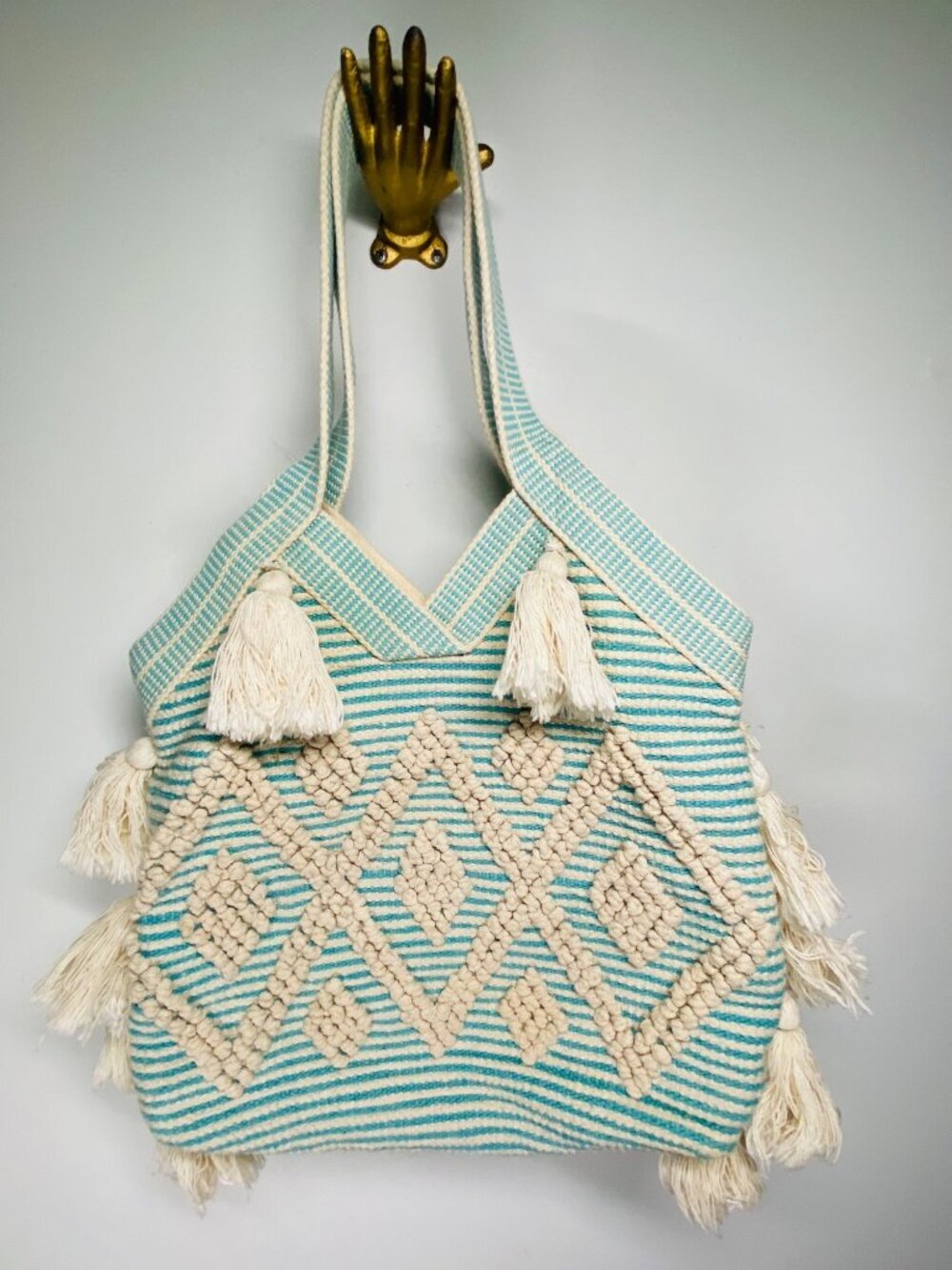 Boho Striped Cotton Tote With Tassels & Textured Diamond Pattern Beige & Teal La